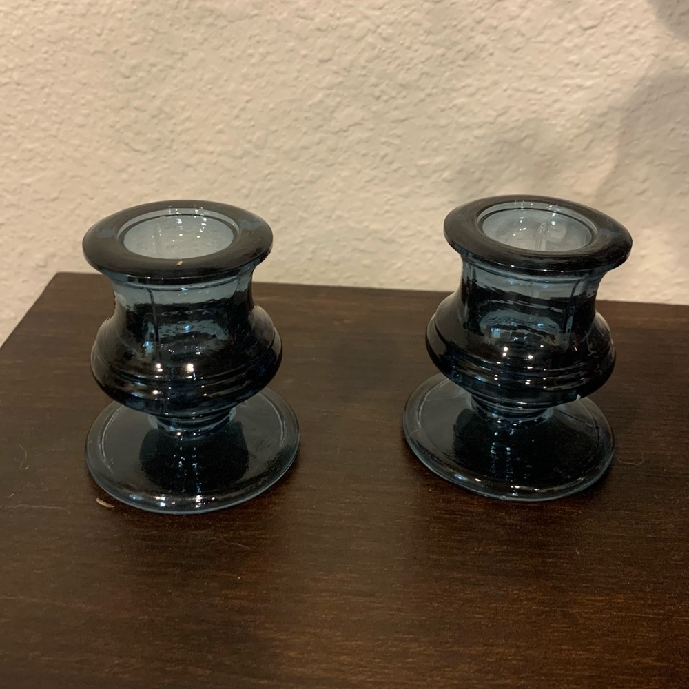 Sleek Blue Glass Candle Holders - Set of 2
